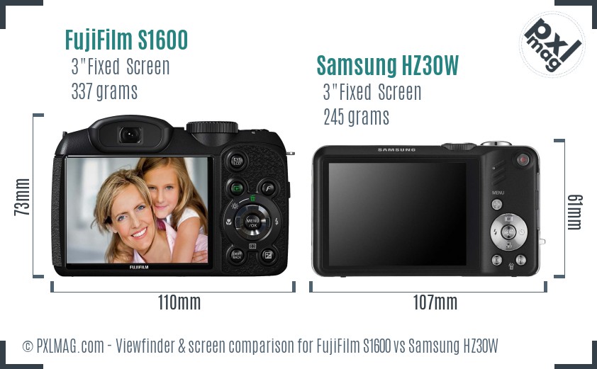 FujiFilm S1600 vs Samsung HZ30W Screen and Viewfinder comparison