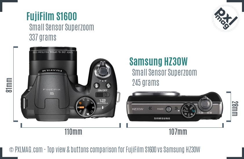 FujiFilm S1600 vs Samsung HZ30W top view buttons comparison