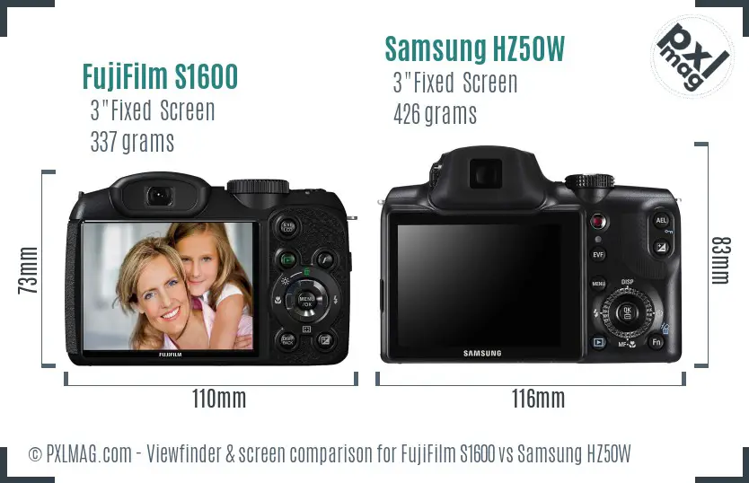 FujiFilm S1600 vs Samsung HZ50W Screen and Viewfinder comparison