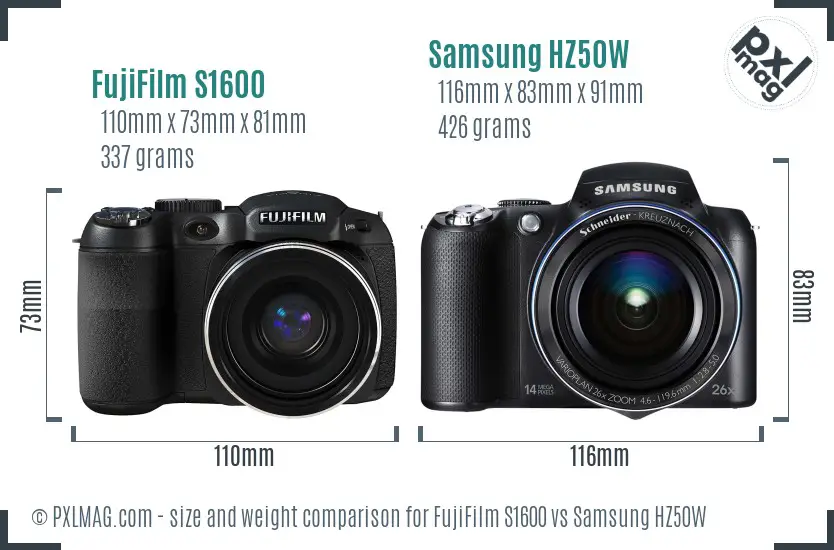 FujiFilm S1600 vs Samsung HZ50W size comparison