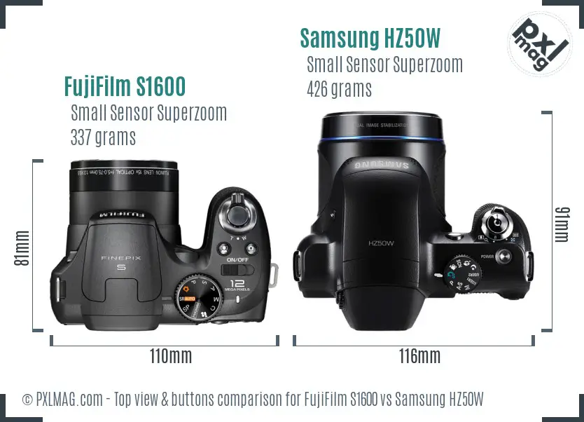 FujiFilm S1600 vs Samsung HZ50W top view buttons comparison