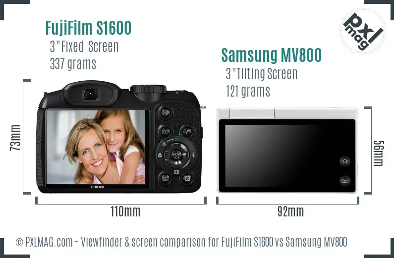 FujiFilm S1600 vs Samsung MV800 Screen and Viewfinder comparison