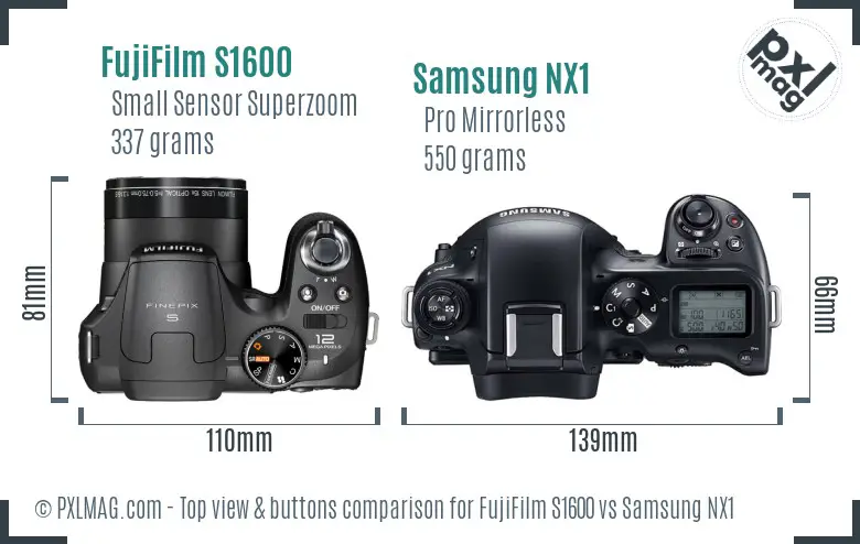 FujiFilm S1600 vs Samsung NX1 top view buttons comparison