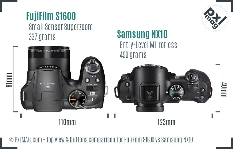 FujiFilm S1600 vs Samsung NX10 top view buttons comparison