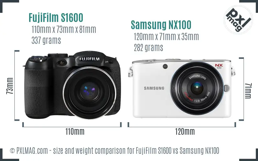 FujiFilm S1600 vs Samsung NX100 size comparison FujiFilm S1600 vs Samsung NX100 size comparison