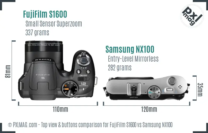 FujiFilm S1600 vs Samsung NX100 top view buttons comparison FujiFilm S1600 vs Samsung NX100 top view buttons comparison