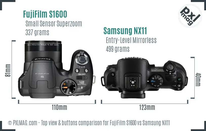 FujiFilm S1600 vs Samsung NX11 top view buttons comparison FujiFilm S1600 vs Samsung NX11 top view buttons comparison