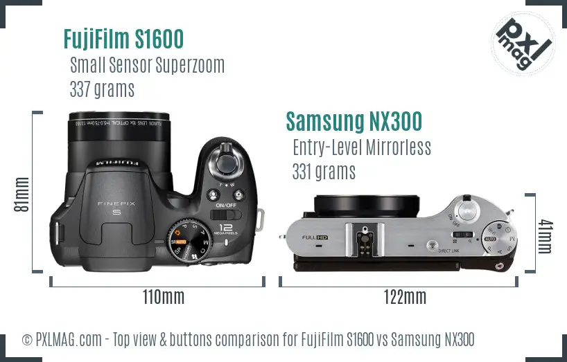 FujiFilm S1600 vs Samsung NX300 top view buttons comparison