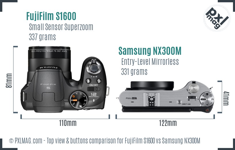 FujiFilm S1600 vs Samsung NX300M top view buttons comparison