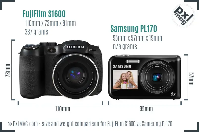 FujiFilm S1600 vs Samsung PL170 size comparison