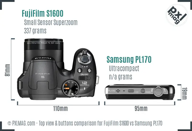 FujiFilm S1600 vs Samsung PL170 top view buttons comparison