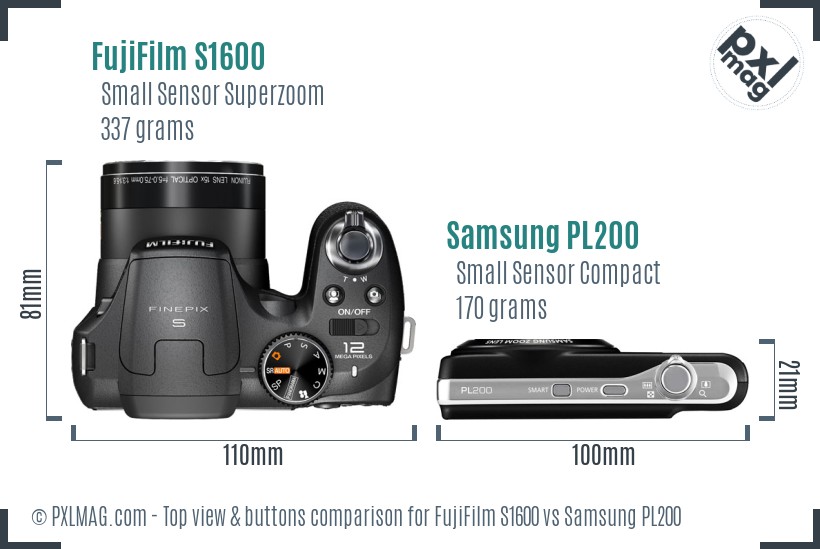 FujiFilm S1600 vs Samsung PL200 top view buttons comparison