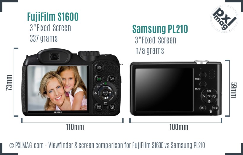 FujiFilm S1600 vs Samsung PL210 Screen and Viewfinder comparison