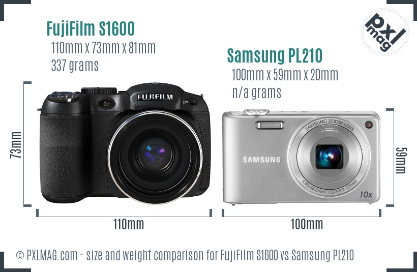 FujiFilm S1600 vs Samsung PL210 size comparison
