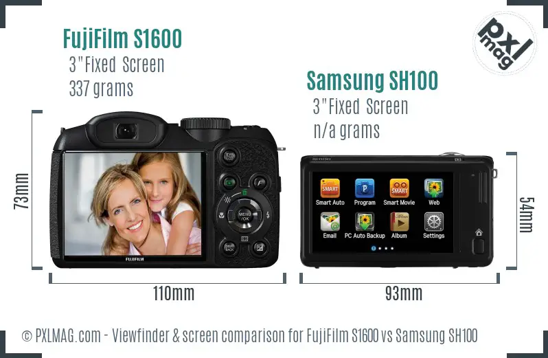 FujiFilm S1600 vs Samsung SH100 Screen and Viewfinder comparison