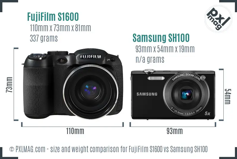 FujiFilm S1600 vs Samsung SH100 size comparison