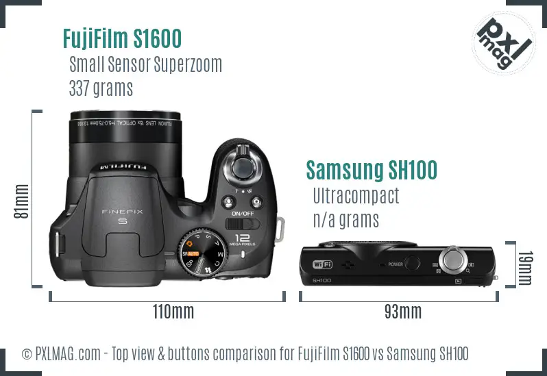 FujiFilm S1600 vs Samsung SH100 top view buttons comparison