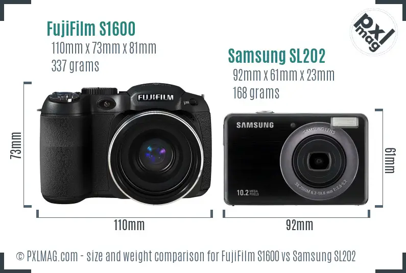 FujiFilm S1600 vs Samsung SL202 size comparison