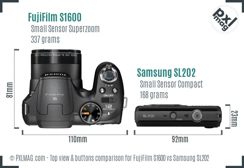 FujiFilm S1600 vs Samsung SL202 top view buttons comparison