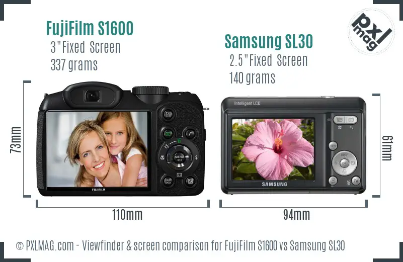 FujiFilm S1600 vs Samsung SL30 Screen and Viewfinder comparison