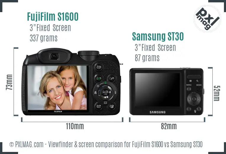 FujiFilm S1600 vs Samsung ST30 Screen and Viewfinder comparison