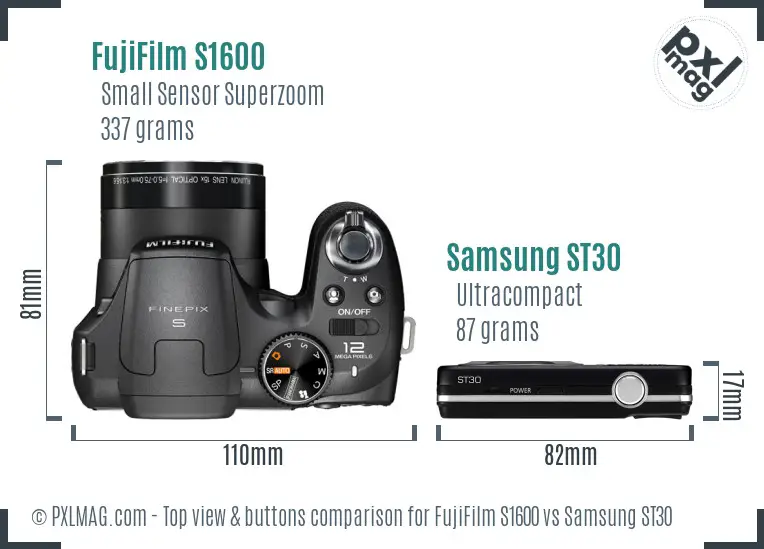 FujiFilm S1600 vs Samsung ST30 top view buttons comparison