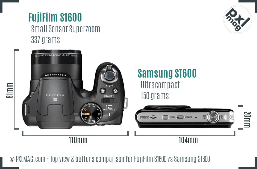FujiFilm S1600 vs Samsung ST600 top view buttons comparison