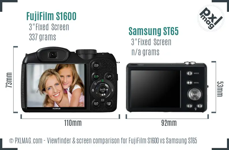 FujiFilm S1600 vs Samsung ST65 Screen and Viewfinder comparison