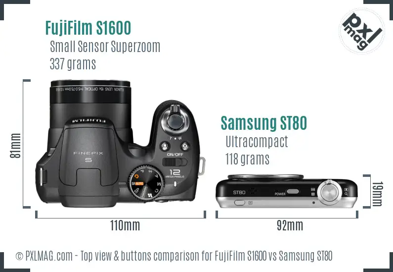 FujiFilm S1600 vs Samsung ST80 top view buttons comparison FujiFilm S1600 vs Samsung ST80 top view buttons comparison