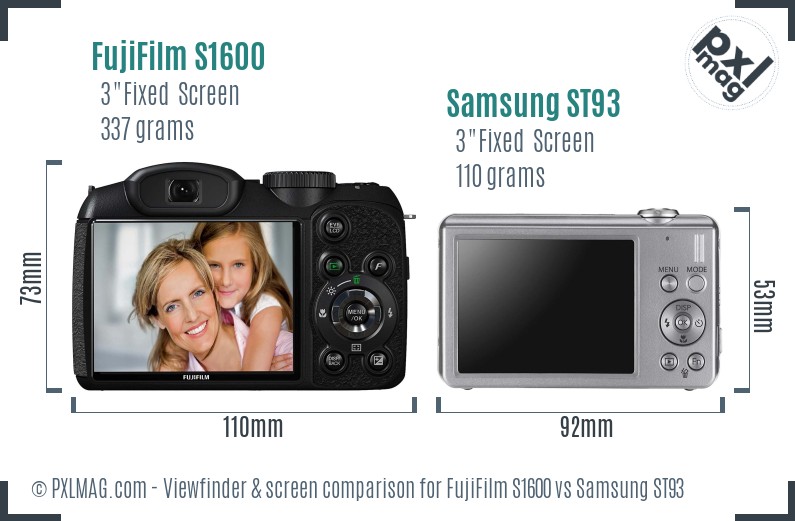 FujiFilm S1600 vs Samsung ST93 Screen and Viewfinder comparison