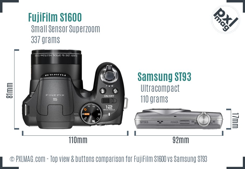 FujiFilm S1600 vs Samsung ST93 top view buttons comparison