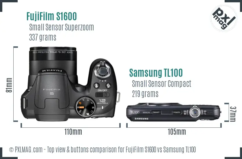 FujiFilm S1600 vs Samsung TL100 top view buttons comparison