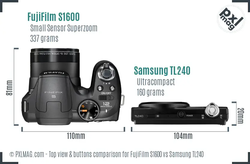 FujiFilm S1600 vs Samsung TL240 top view buttons comparison