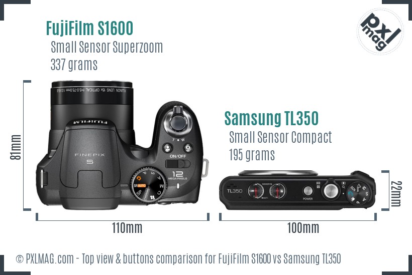 FujiFilm S1600 vs Samsung TL350 top view buttons comparison