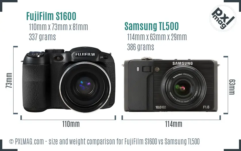 FujiFilm S1600 vs Samsung TL500 size comparison
