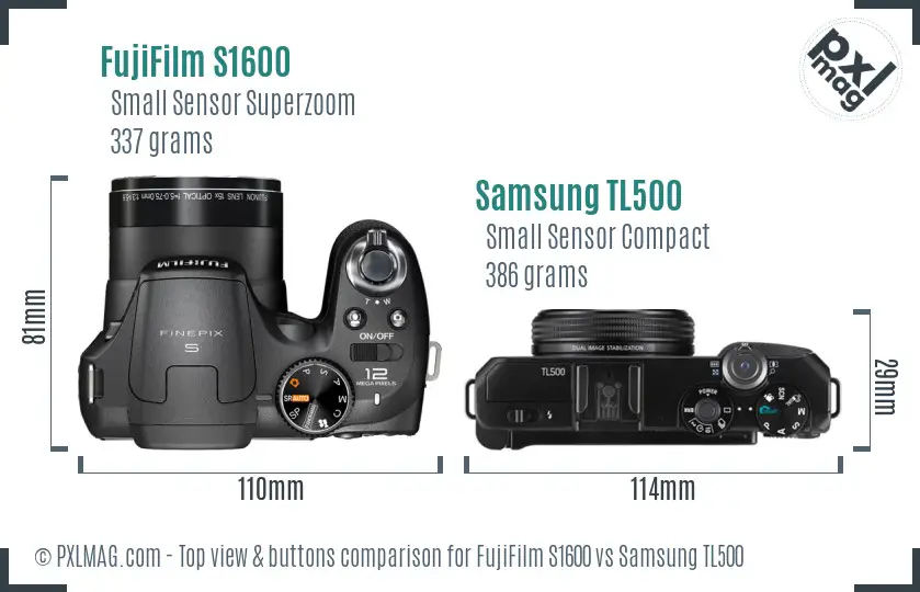 FujiFilm S1600 vs Samsung TL500 top view buttons comparison