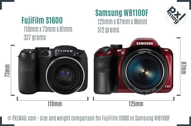 FujiFilm S1600 vs Samsung WB1100F size comparison FujiFilm S1600 vs Samsung WB1100F size comparison
