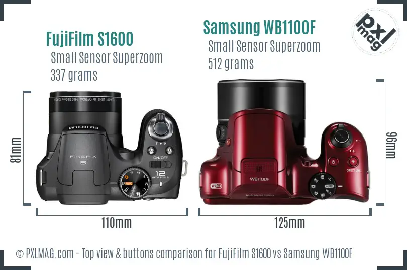 FujiFilm S1600 vs Samsung WB1100F top view buttons comparison FujiFilm S1600 vs Samsung WB1100F top view buttons comparison