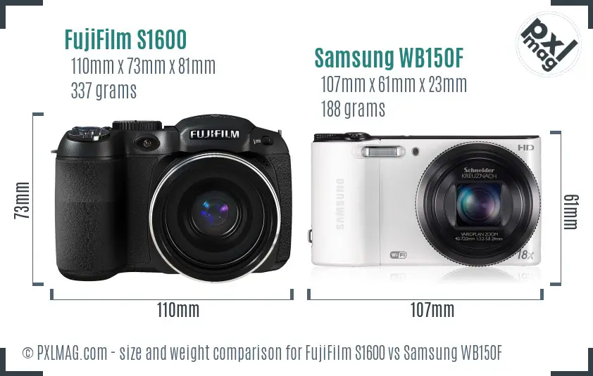 FujiFilm S1600 vs Samsung WB150F size comparison