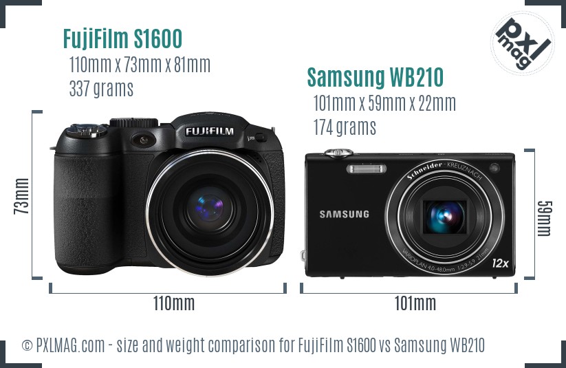 FujiFilm S1600 vs Samsung WB210 size comparison
