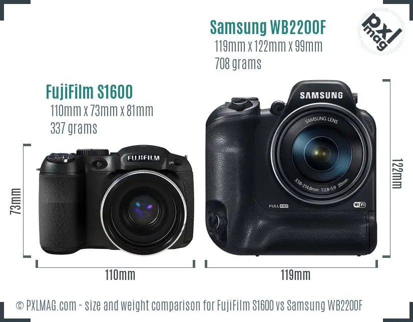 FujiFilm S1600 vs Samsung WB2200F size comparison
