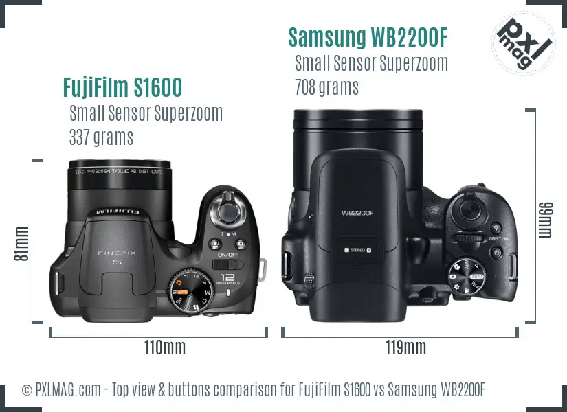 FujiFilm S1600 vs Samsung WB2200F top view buttons comparison