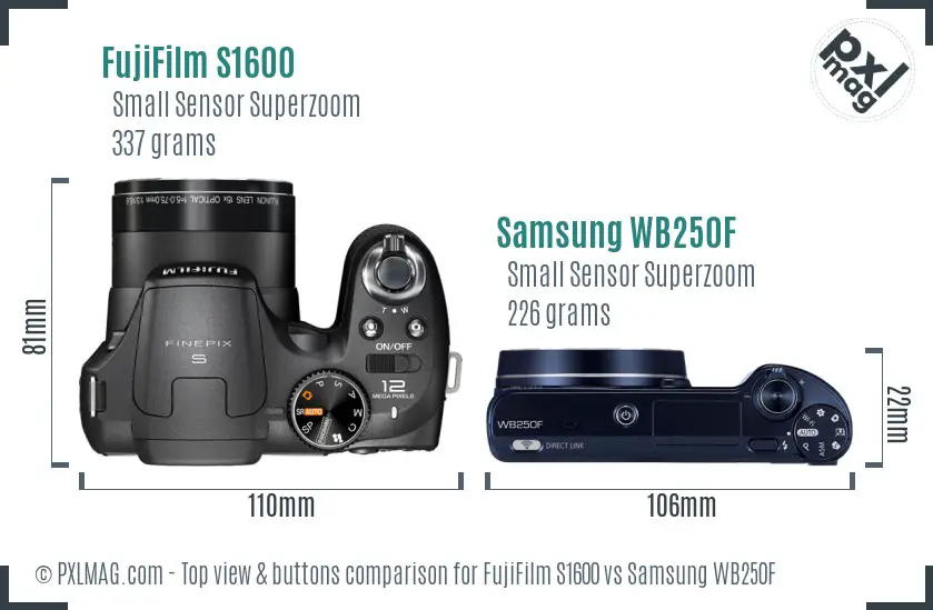 FujiFilm S1600 vs Samsung WB250F top view buttons comparison