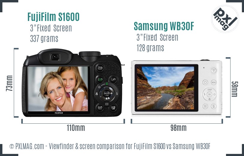 FujiFilm S1600 vs Samsung WB30F Screen and Viewfinder comparison