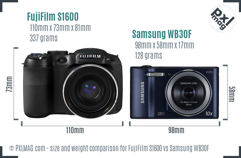 FujiFilm S1600 vs Samsung WB30F size comparison