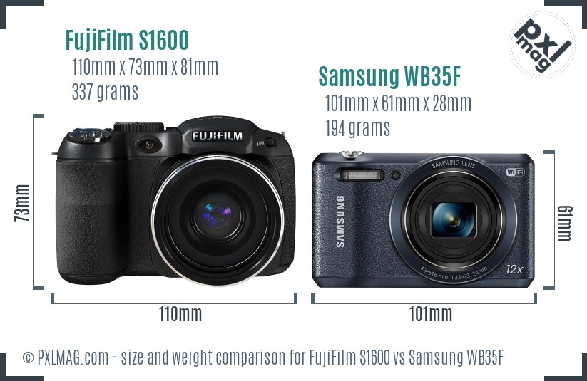 FujiFilm S1600 vs Samsung WB35F size comparison