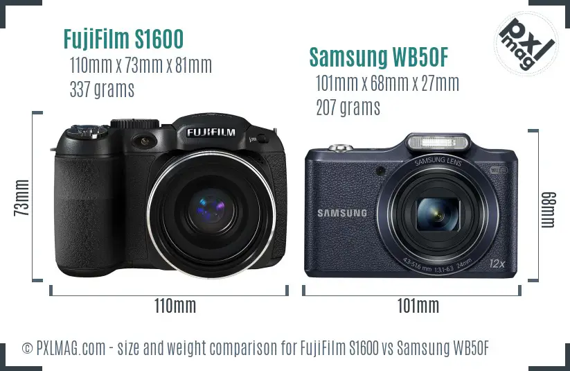 FujiFilm S1600 vs Samsung WB50F size comparison