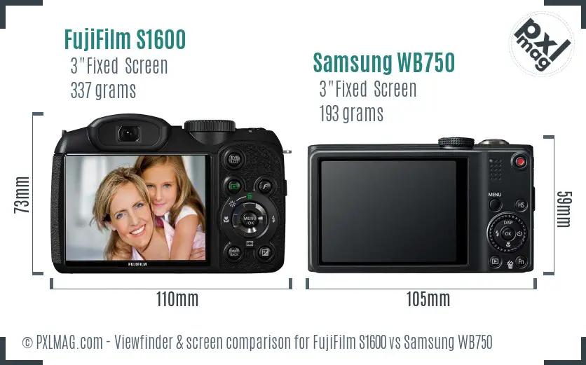 FujiFilm S1600 vs Samsung WB750 Screen and Viewfinder comparison