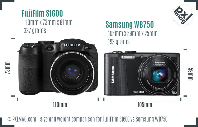 FujiFilm S1600 vs Samsung WB750 size comparison