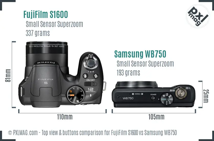 FujiFilm S1600 vs Samsung WB750 top view buttons comparison